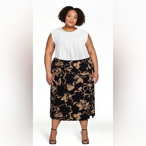 Terra & Sky Black and Cream Floral A-Line Midi Skirt; size: 4X(28W-30W)
